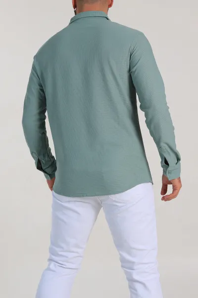 Su Yeşili Slim Fit Petek Dokulu Uzun Kollu Erkek Gömlek 325214