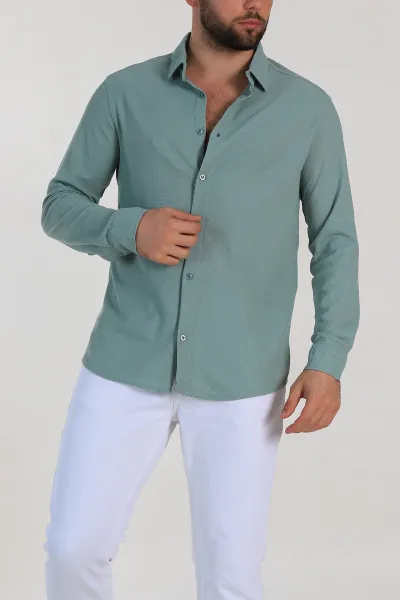 Su Yeşili Slim Fit Petek Dokulu Uzun Kollu Erkek Gömlek 325214