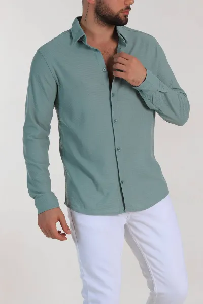 Su Yeşili Slim Fit Petek Dokulu Uzun Kollu Erkek Gömlek 325214