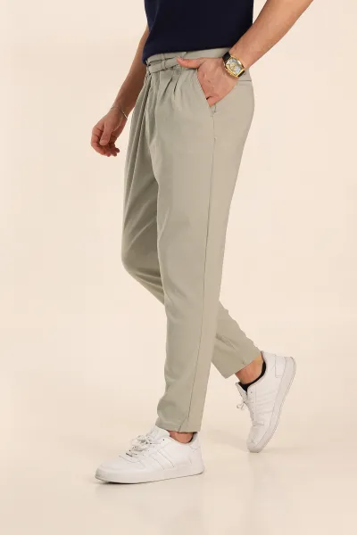 Su Yeşili Slim Fit Yüksel Bel Çift Kemer Detaylı Erkek Kumaş Pantolon 340850