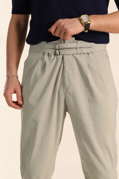 Su Yeşili Slim Fit Yüksel Bel Çift Kemer Detaylı Erkek Kumaş Pantolon 340850