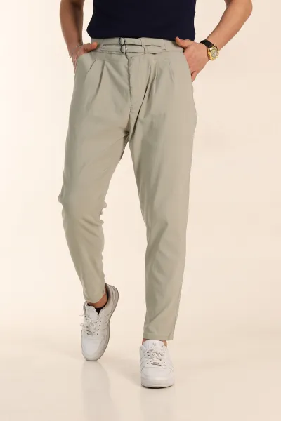 Su Yeşili Slim Fit Yüksel Bel Çift Kemer Detaylı Erkek Kumaş Pantolon 340850