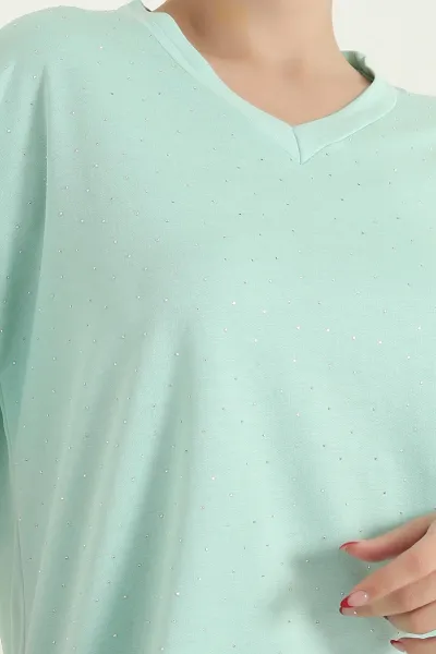 Su Yeşili Taşlı Süprem Laser Kesim Kadın Tişört 432929
