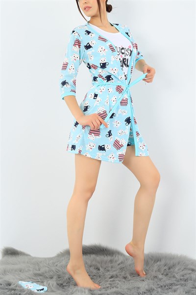 Su Yeşili Üçlü Sabahlık Pijama Takımı 36972