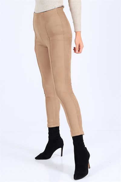 Süet Beli Lastikli Bej Bayan Pantolon 25232B
