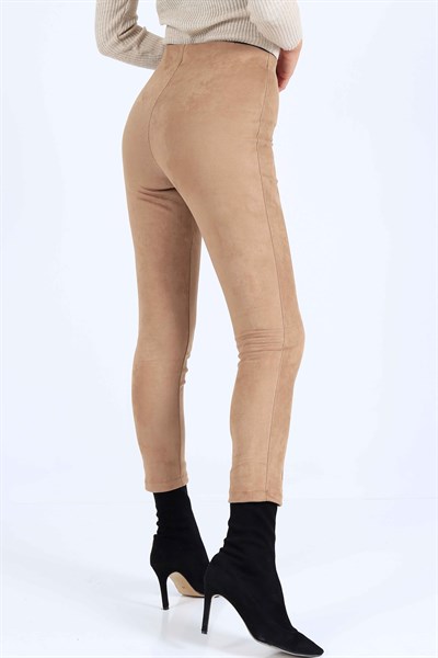 Süet Beli Lastikli Bej Bayan Pantolon 25232B
