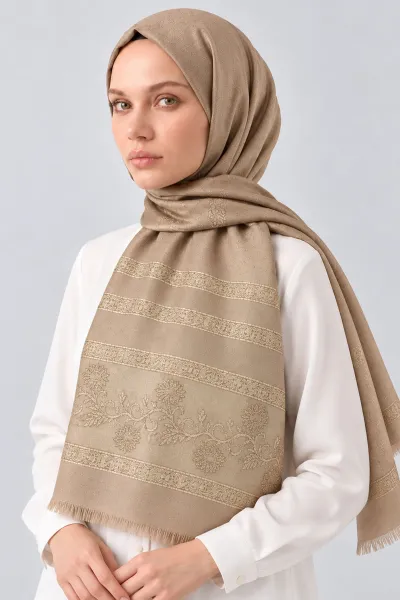 Sütlü Kahve 70x180 Cm Floral Premium Jakarlı Pamuk Şal 494055