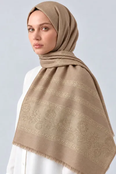 Sütlü Kahve 70x180 Cm Floral Premium Jakarlı Pamuk Şal 494055