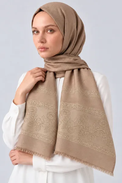Sütlü Kahve 70x180 Cm Floral Premium Jakarlı Pamuk Şal 494055