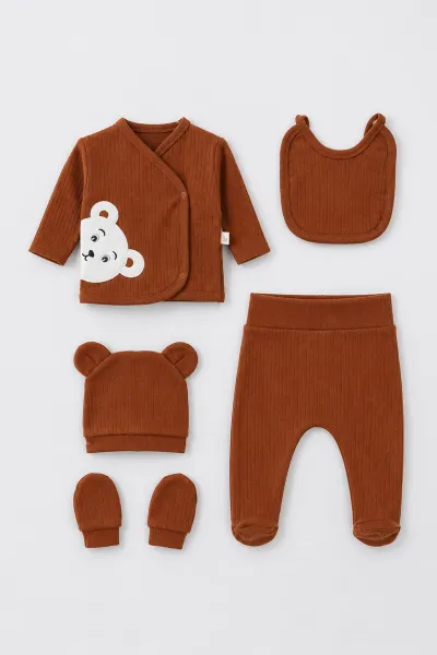Taba (0-3 Ay)Ayı Nakışlı Raporlu Patikli 5'li Erkek Bebek Takım 479286