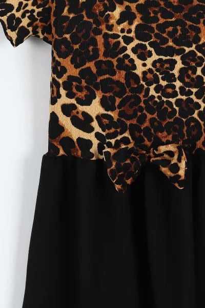 Taba (2-10 Yaş) Kol Fırfırlı Leopar Desen Fiyonklu Bürümcük Kız Çocuk Elbise 342805