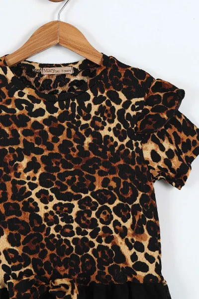 Taba (2-10 Yaş) Kol Fırfırlı Leopar Desen Fiyonklu Bürümcük Kız Çocuk Elbise 342805