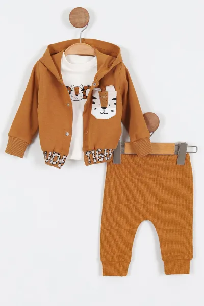 Taba (3-12 Ay) Tiger Baskılı Kapüşonlu İnterlok Erkek Bebek 3'lü Takım 335773