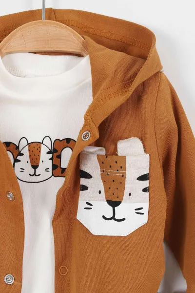 Taba (3-12 Ay) Tiger Baskılı Kapüşonlu İnterlok Erkek Bebek 3'lü Takım 335773