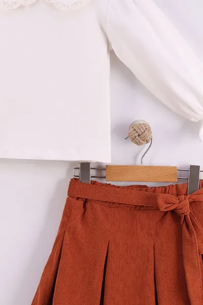 Taba (3-7 Yaş ) Yakası Dantel Detaylı Fiilli Etekli Kız Çocuk 2'li Takım 442208