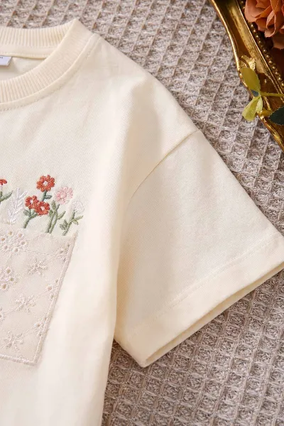 Taba (4-10 Yaş)Çiçek Nakışlı Brode Cep Detaylı Taytlı Kız Çocuk Takım 469868