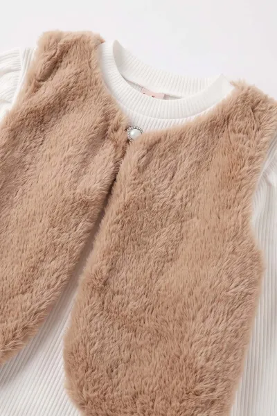 Taba (5-9 Yaş) Pileli Deri Etekli Peluş Yelekli  Kız Çocuk 3lü Takım 495756
