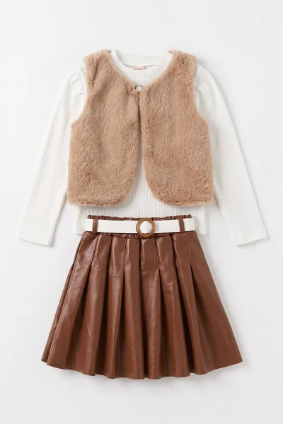 Taba (5-9 Yaş) Pileli Deri Etekli Peluş Yelekli  Kız Çocuk 3lü Takım 495756