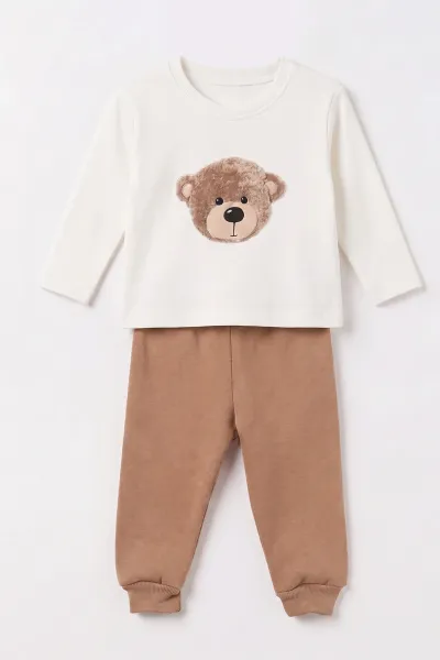 Taba (6-24 Ay) Ayıcık Baskılı Hırkalı 3 İp Şardonlu Erkek Bebek 3'lü Takım 497374