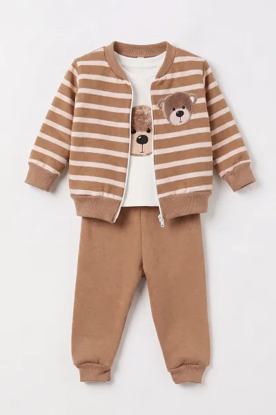 Taba (6-24 Ay) Ayıcık Baskılı Hırkalı 3 İp Şardonlu Erkek Bebek 3'lü Takım 497374