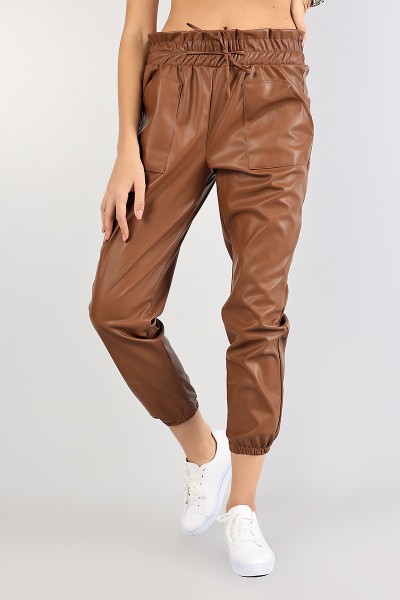 Taba Beli Lastikli Bayan Deri Pantolon 84070