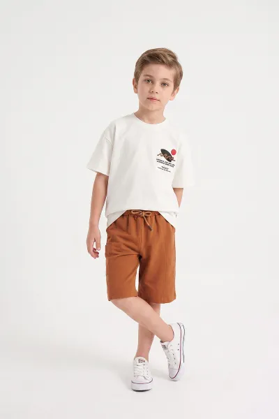 Taba Beyaz (7-12 Yaş)Ön Arka  Baskılı Şortlu Erkek Çocuk Yazlık Takım 469638
