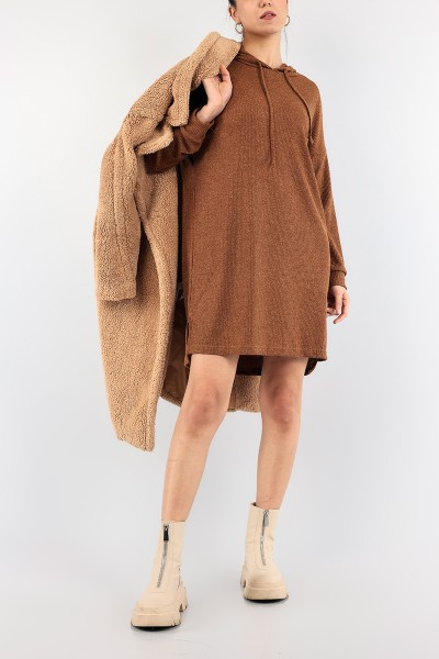 Taba Kapüşonlu Fitilli Elbise Tunik 91209