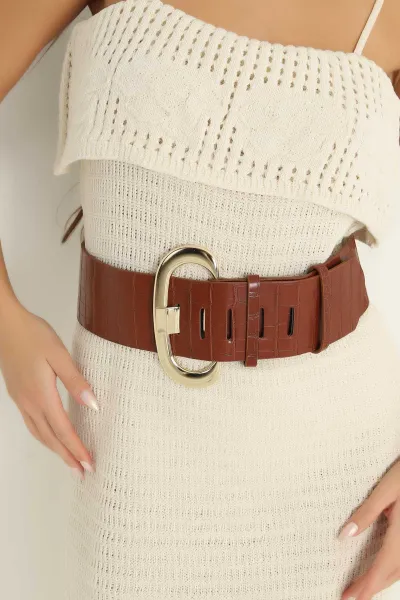 Taba Kroko Desen Gold Tokalı Geniş Kadın Kemer 293070