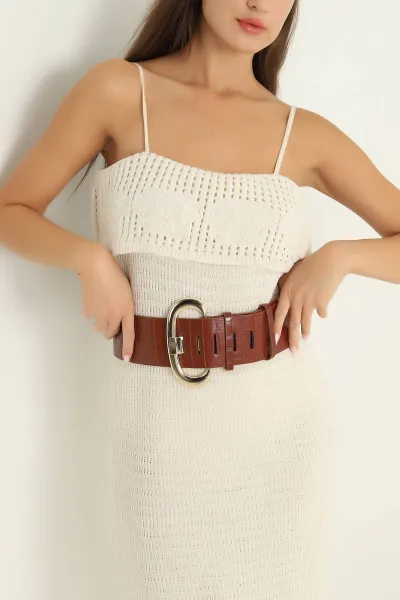 Taba Kroko Desen Gold Tokalı Geniş Kadın Kemer 293070
