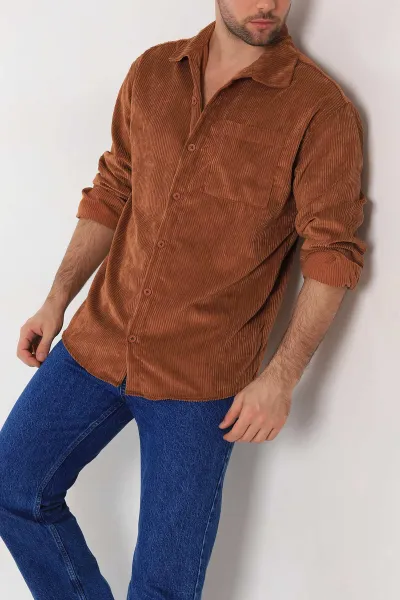 Taba Oversize Fitilli Kadife Cep Detaylı Erkek Gömlek 323860