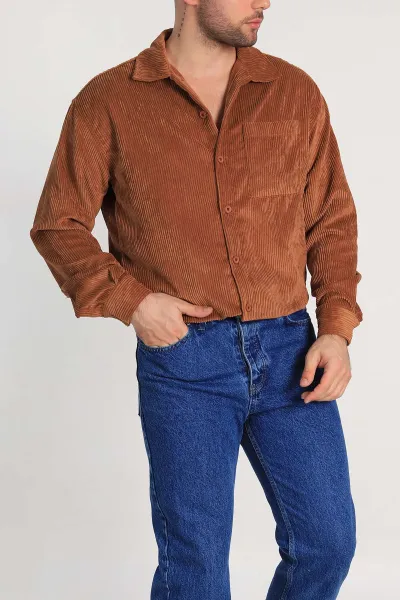 Taba Oversize Fitilli Kadife Cep Detaylı Erkek Gömlek 323860
