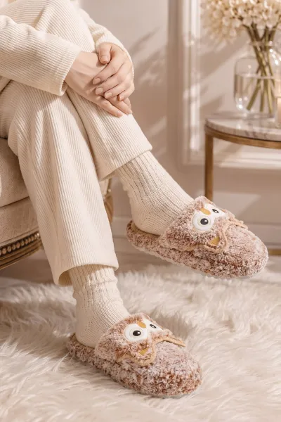 Taba Peluş Baykuş Figürlü Kadın Ev Terliği 492254
