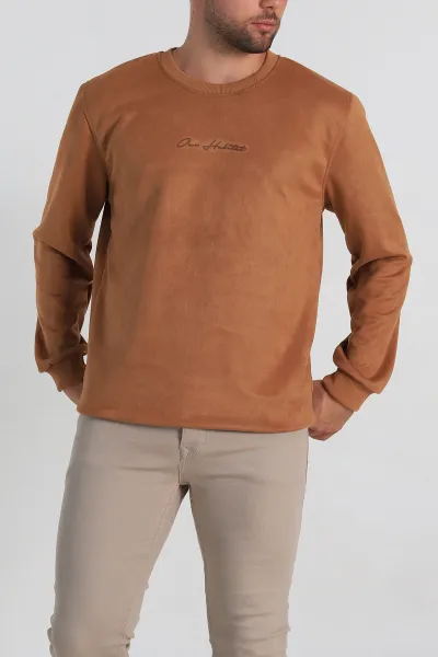 Taba Regular Fit Süet Kabartma Yazı Detaylı Erkek Sweatshirt 305855