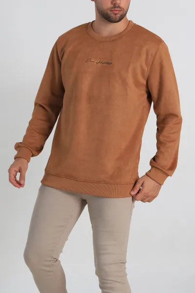 Taba Regular Fit Süet Kabartma Yazı Detaylı Erkek Sweatshirt 305855