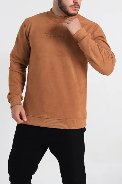 Taba Regular Fit Süet Kabartma Yazı Detaylı Erkek Sweatshirt 305896