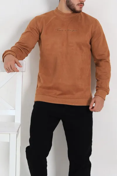 Taba Regular Fit Süet Kabartma Yazı Detaylı Erkek Sweatshirt 305896