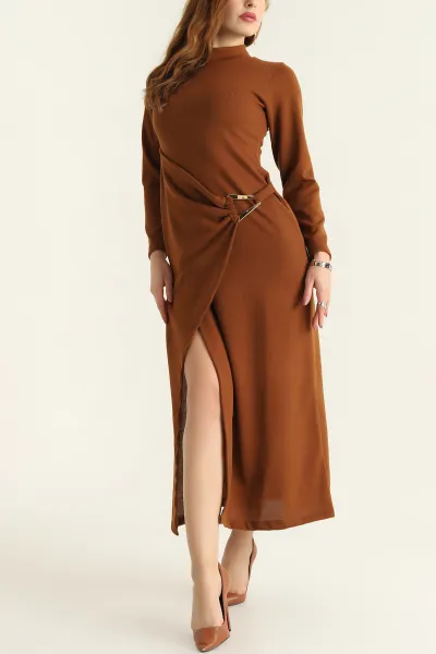 Taba Triko Yandan Tokalı Balıkçı Elbise 307528