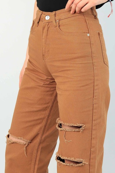 Taba Yırtık Detay Bol Paça Bayan Kot Pantolon 62508