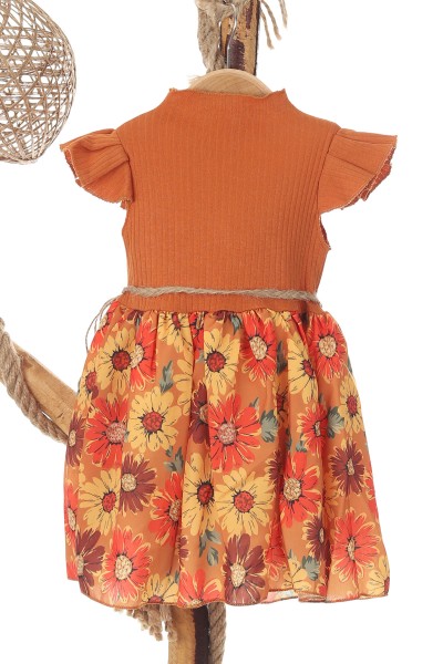 Tarçın (1-4 Yaş) Kol Fırfırlı Çiçek Bronşlu Bel Kuşaklı Kız Çocuk Elbise 169203