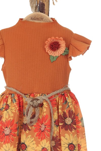 Tarçın (1-4 Yaş) Kol Fırfırlı Çiçek Bronşlu Bel Kuşaklı Kız Çocuk Elbise 169203