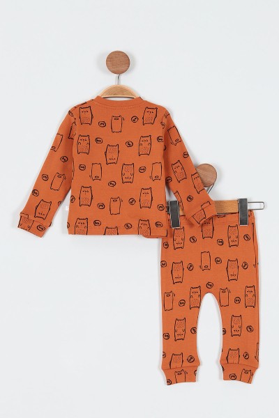 Tarçın (6-12 Ay) Kedi Baskılı Önü Çıtçıtlı Erkek Bebe Pijama Takım 196987