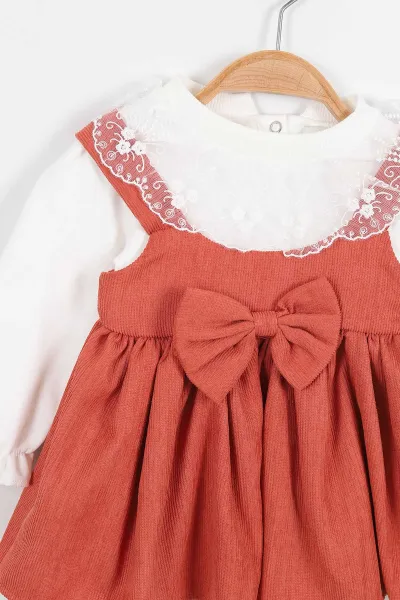 Tarçın (6-18 Ay) Fiyonklu Arka Kanat Detaylı Kadife Kız Bebek Elbise 326218