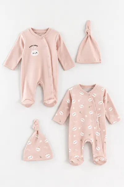 Taş (0-3 Ay) Anımals Baskılı Raporlu ve Şapkalı 2'li Kız Bebek Tulum 492627