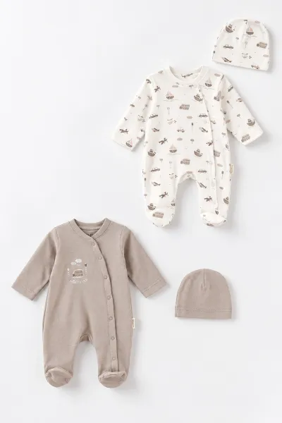 Taş (0-3 Ay) Araba Baskılı   Patikli  2'li Erkek Bebek Tulum 486926