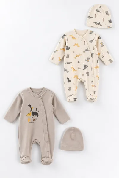 Taş (0-3 Ay) Dinazor Baskılı   Patikli  2'li Erkek Bebek Tulum 486923