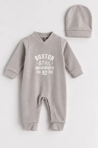 Taş (0-9 Ay)  Boston Nakışlı Waffle Kumaş Çıtçıtlı Şapkalı Erkek Bebek Tulum 486946