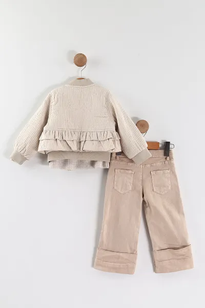 Taş (1-5 Yaş) Çiçek Nakışlı Badili Fırfırlı Ceketli Kot Pantolonlu Kız Çocuk 3'lü Takım 443772