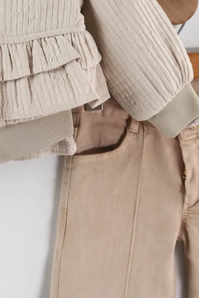 Taş (1-5 Yaş) Çiçek Nakışlı Badili Fırfırlı Ceketli Kot Pantolonlu Kız Çocuk 3'lü Takım 443772