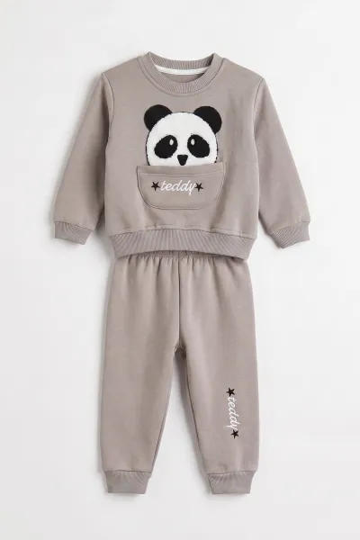 Taş (1-5 Yaş) Panda Nakışlı Cep Detay 3 İp Şardonlu Erkek Çocuk Kışlık Takım 486837