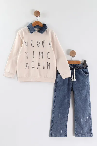 tas-1-9-yas-never-tas-baskili-gomlek-yaka-kot-pantolonlu-kiz-cocuk-2li-takim-441599